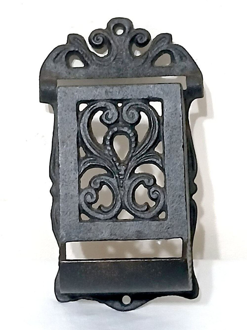 Vintage Cast Iron Wall Mount Match Holder Ornate Scrollwork Missing Lid Primitiv